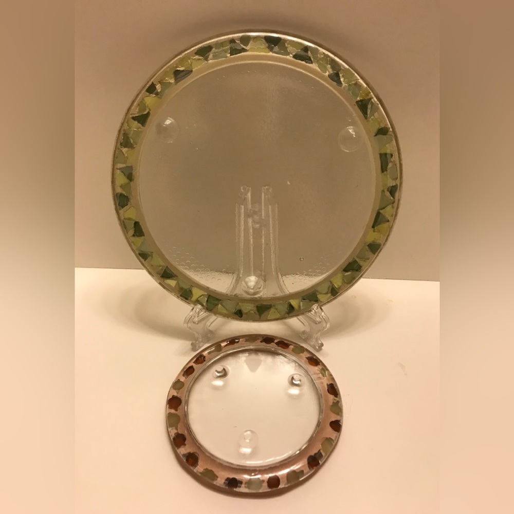 Clear Textured Glass 7.75” Footed Mosaic Edge Candle Plate + 4.5” Bonus Plate.